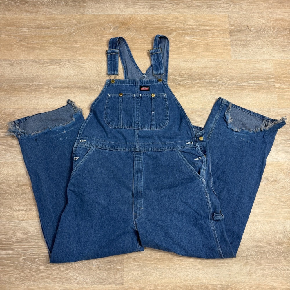 Dickies Mens Distressed Denim Bib Overalls Medium Wash Blue Workwear 42x28